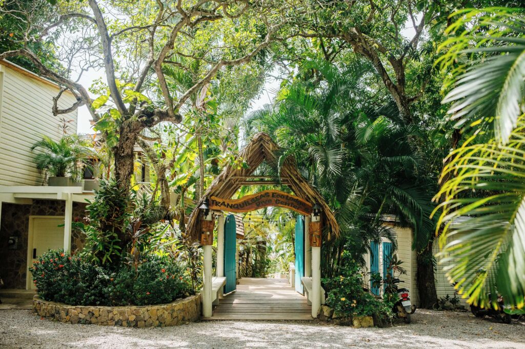 The leafy entrance to Tranquilseas Eco Lodge on the island of Roatan