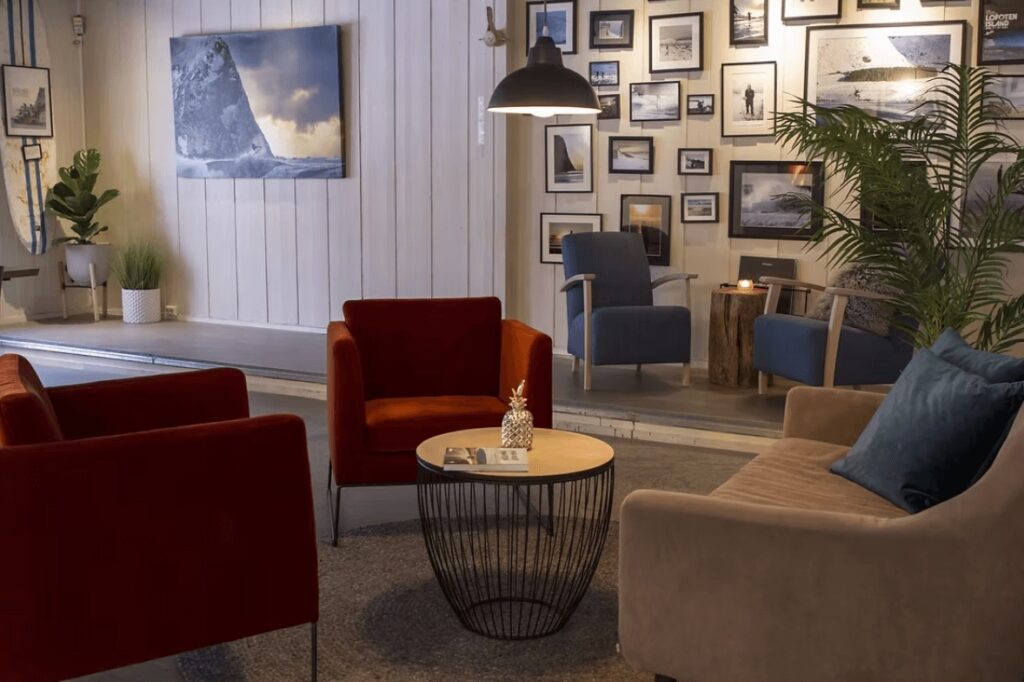 An inviting lounge at Unstad Arctic, a surf hotel in Lofoten, Norway