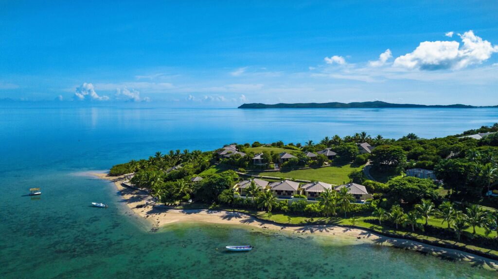 An aerial view of the sustainably run Volivoli Beach Resort
