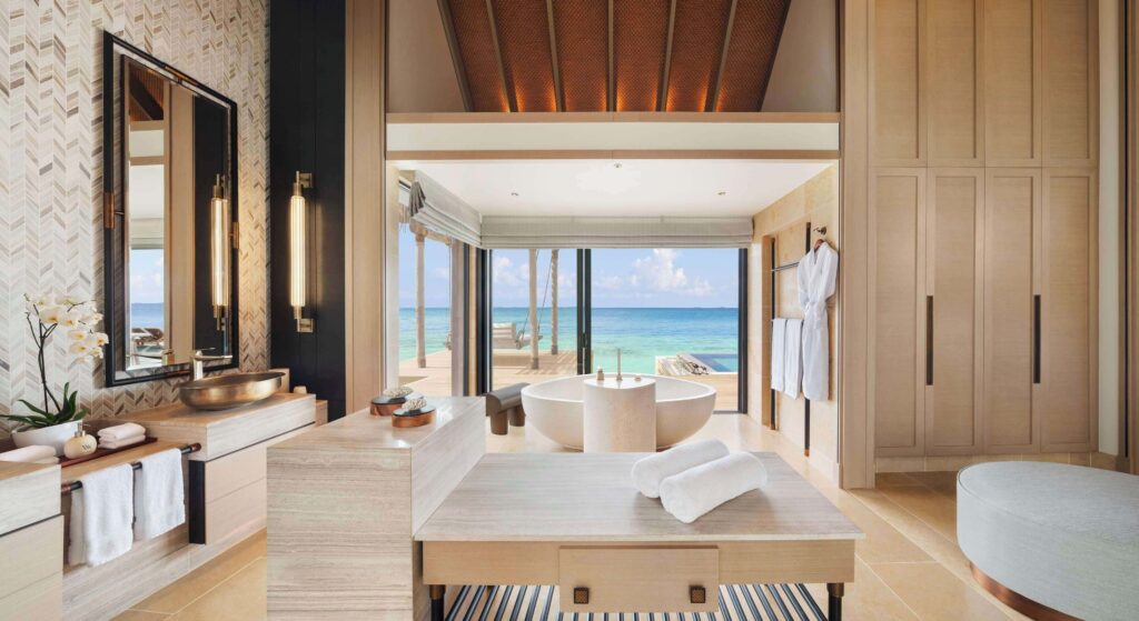 A spacious bathroom at the Waldorf Astoria Maldives