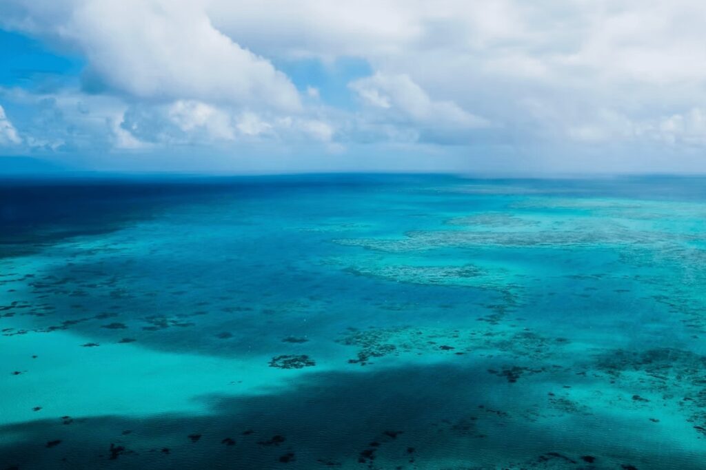 An elevated view of the Great Barrier Reef off the coast of Queensland, Australia