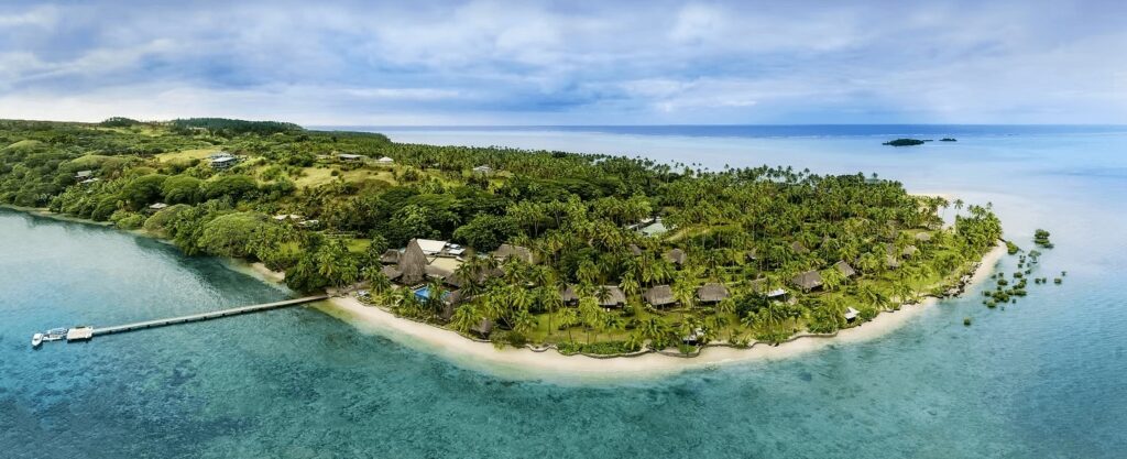 An aerial view of Jean-Michel Cousteau Resort, one of the best eco-dive resorts in Fiji