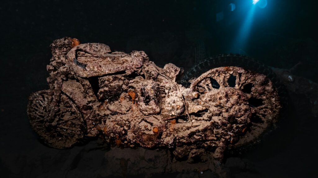 A coral-encrusted motorbike inside the SS Thistlegorm wreck in the Red Sea