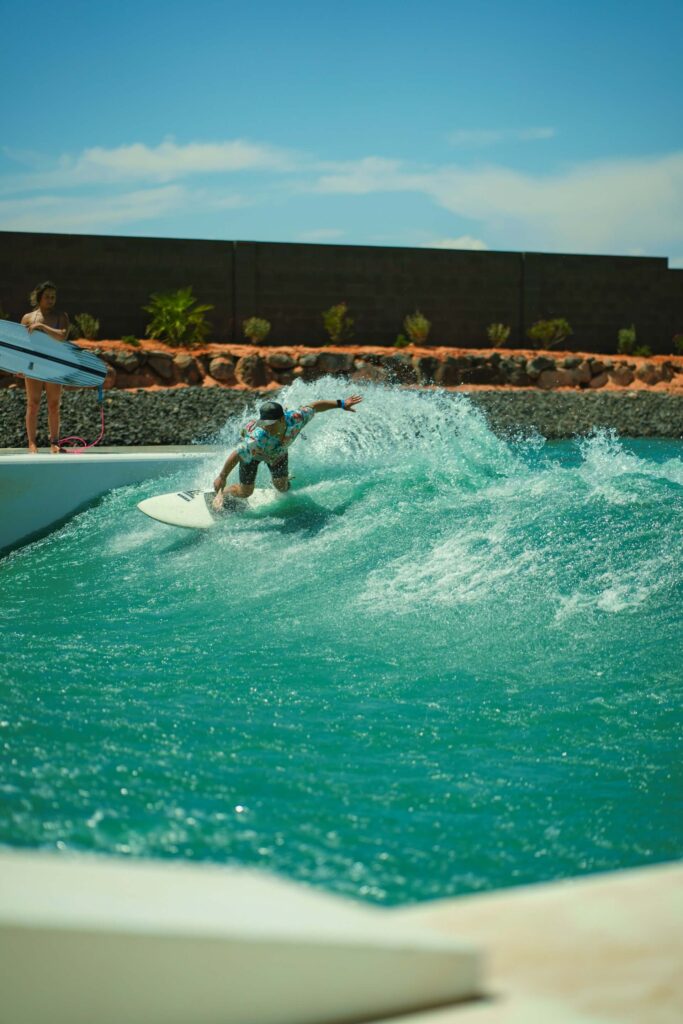 A surfer rides an artificial wave in Utah, U.S.A.