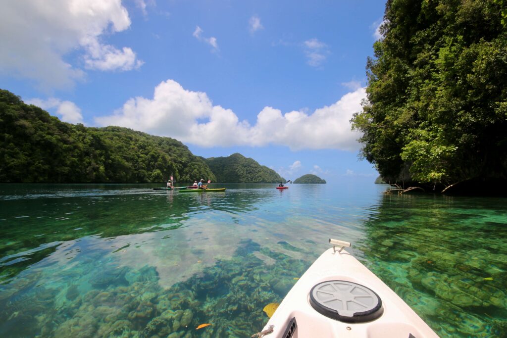 Kayaking above a shallow coral reef in Nikko Bay