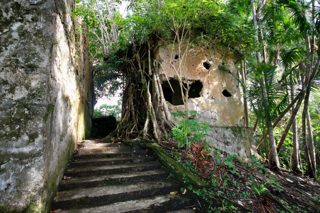 A staircase leads up to the Todai Lighthouse Ruins near the tip of Badeldaob
