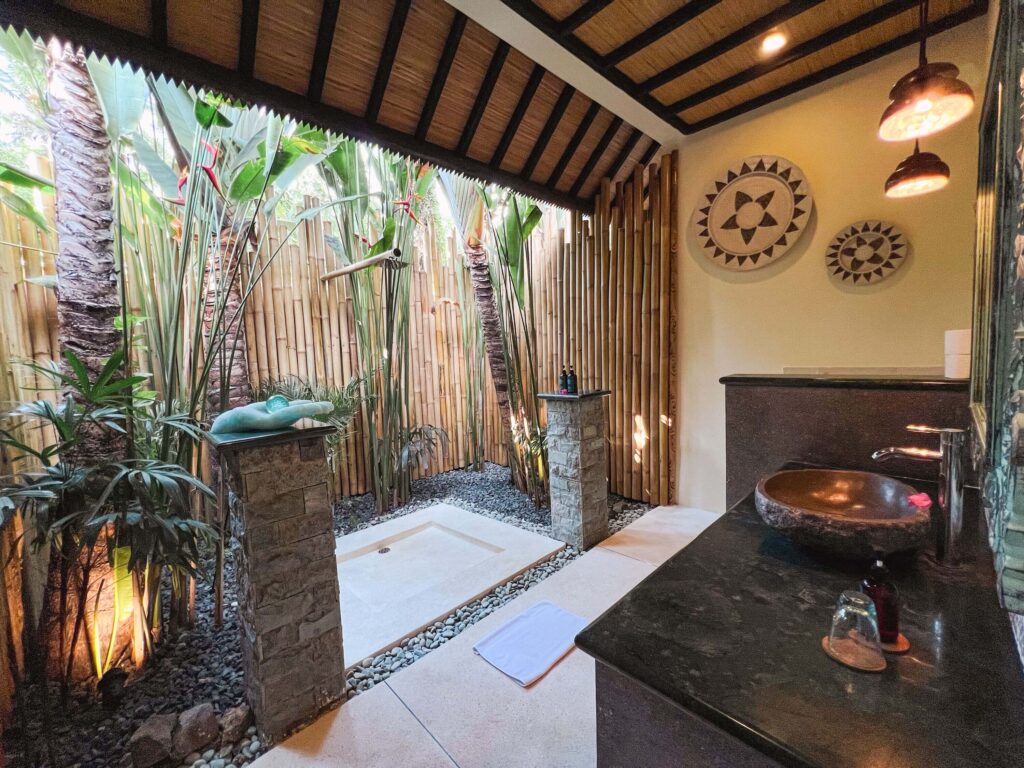 An outdoor bathroom at Rascals in Kuta, Lombok