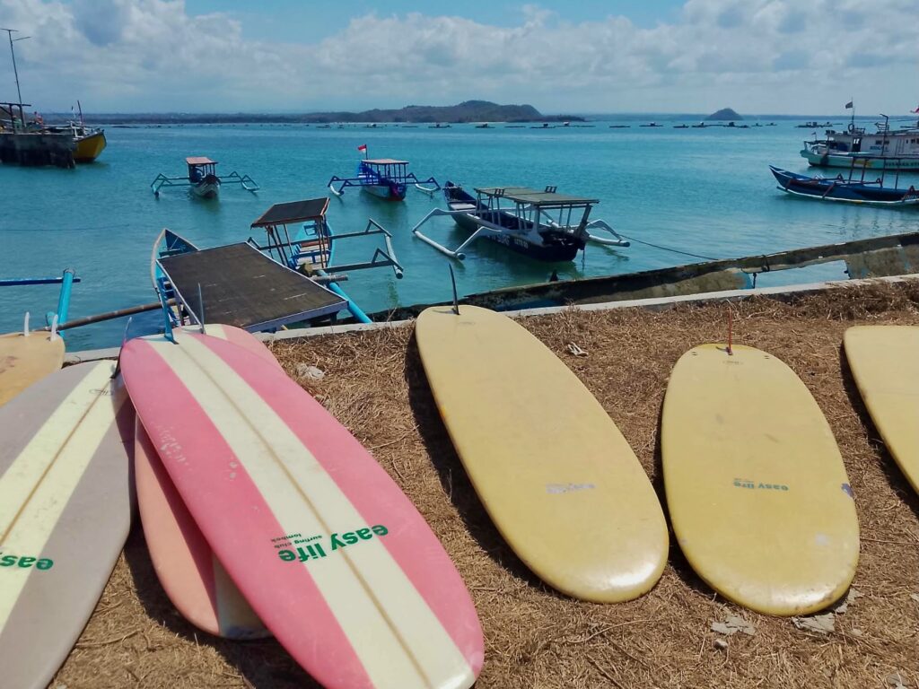 Boards lined up ready to be loaded onto the boat to Ekas